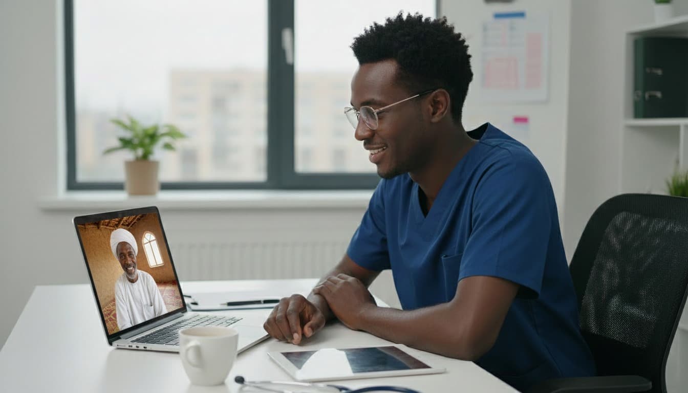 Doctor in protective suit examining a beaker